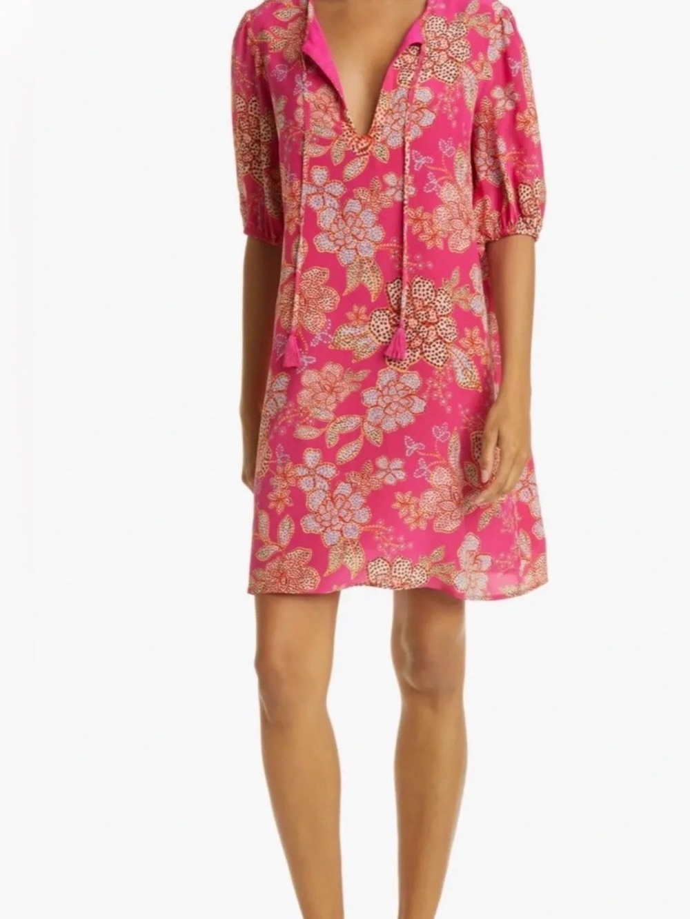 Johnny Was Vesna Pink Floral Tassel V-Neck Mini Dress